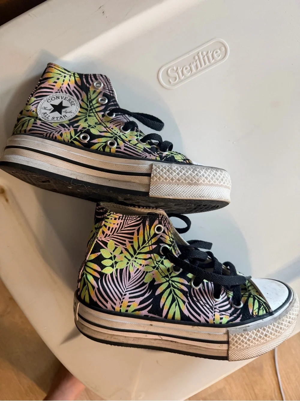 Converse Kids High Top Sneakers Black with Neon Green & Pink Leaf Print